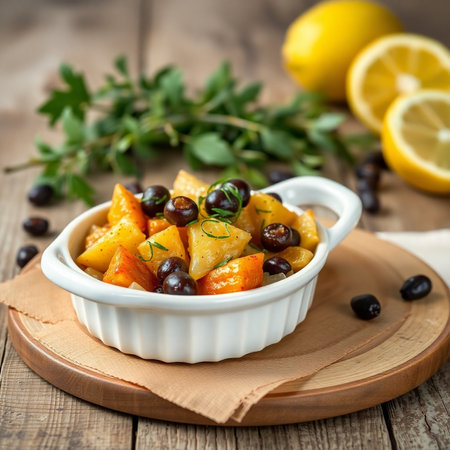 Sweet potato salad with black olives and herbs, selective focus.の素材
