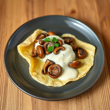 Omelet with mushrooms and sour cream on a wooden background.の素材