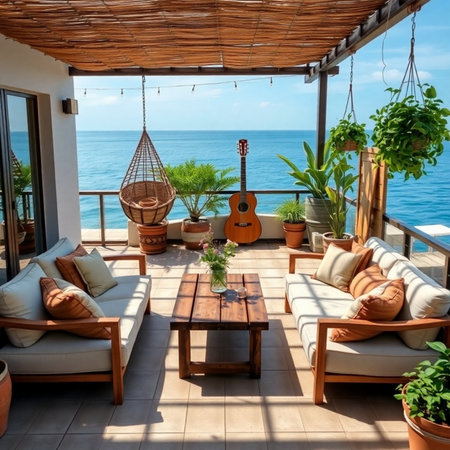 Beautiful terrace with sea view. Luxury villa interiorの素材