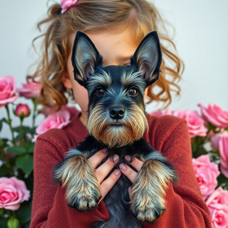Little girl with a Yorkshire Terrier puppy on a background of flowersの素材