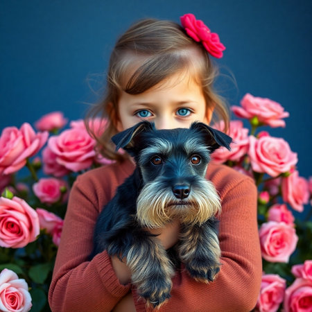 Portrait of a little girl with a dog on a background of flowers.の素材