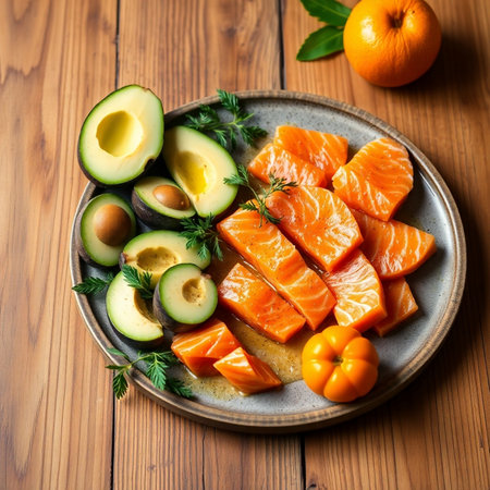 salmon salad with avocado and tomato on a wooden background. toning. selective focusの素材