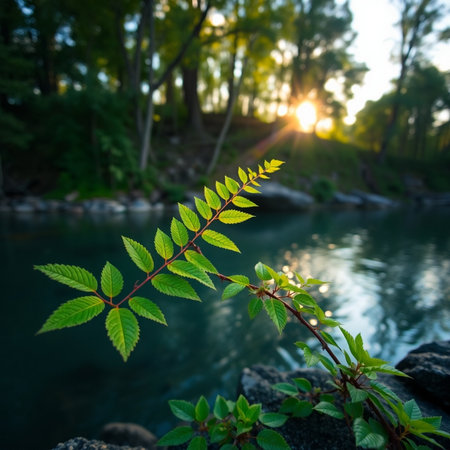 Green leaves on the background of the river at sunset. Nature background.の素材