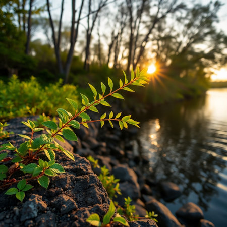 Sunset on the shore of the lake with a small green plantの素材