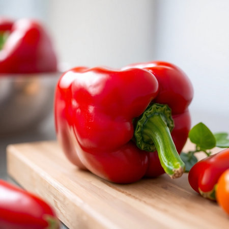 Red peppers on a wooden cutting board with fresh vegetables in the backgroundの素材