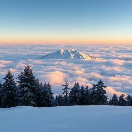 Beautiful winter landscape in the mountains. Sunrise above the clouds.の素材