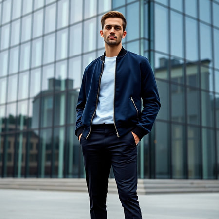 Handsome young man in a blue jacket on the background of an office buildingの素材