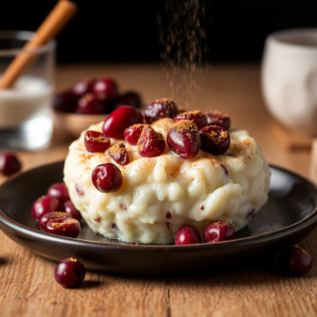 Cottage cheese pudding with cherries on a rustic wooden tableの素材