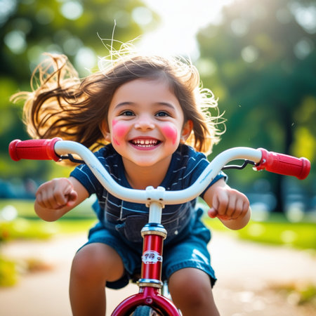Portrait of a cute little girl riding a bicycle in the parkの素材