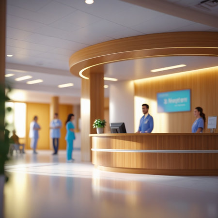 Reception counter in hotel lobby with people on background, shallow DOFの素材