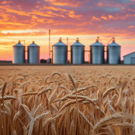 Wheat field and silos at sunset. Agriculture and harvest conceptの素材