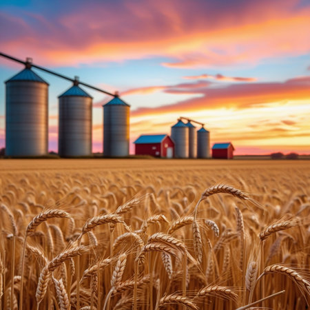 Sunset over a grain field with silos and barns in the backgroundの素材