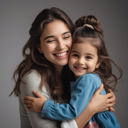 happy mother and daughter hugging and looking at camera isolated on gray backgroundの素材
