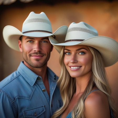 Portrait of a happy young couple in cowboy hats smiling at cameraの素材