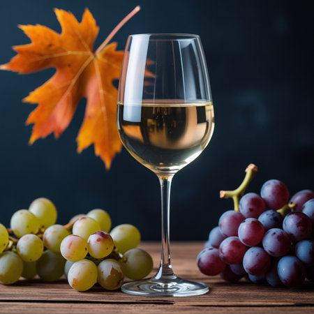 Glass of white wine with grapes and autumn leaves on wooden table.の素材