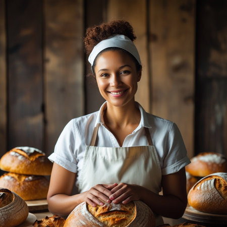 Portrait of smiling female baker holding freshly baked bread in bakery shopの素材
