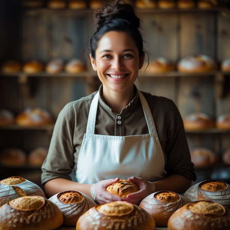 Portrait of smiling young female baker holding fresh baked bread in bakeryの素材