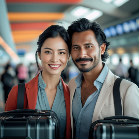 portrait of happy young Indian couple with luggage at international airportの素材