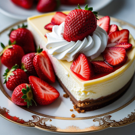 Cheesecake with strawberries and whipped cream on a white plate.の素材