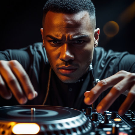 African american male DJ playing music on a turntable.の素材