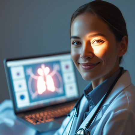 smiling young female doctor looking at laptop with x-ray imageの素材