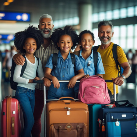 Portrait of smiling family with luggage at airport. Multiethnic group of people traveling together.の素材