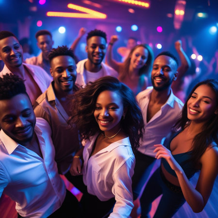 party, holidays, celebration and people concept - group of smiling friends dancing in clubの素材