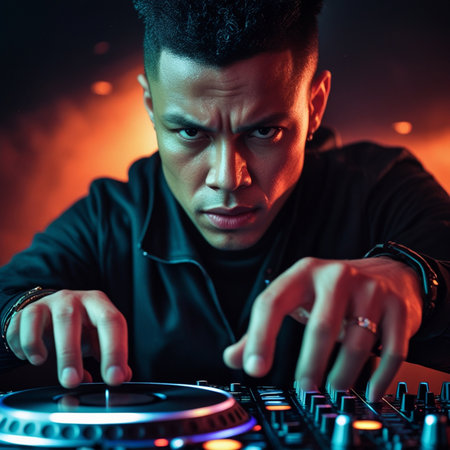 Handsome afro-american dj playing music on mixer in nightclubの素材