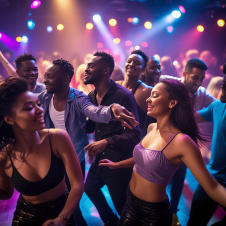 Group of young people dancing at a night club. Music festival.の素材