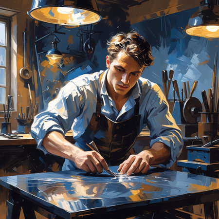 Painting of a young man in a leather workshop. Contemporary art.の素材