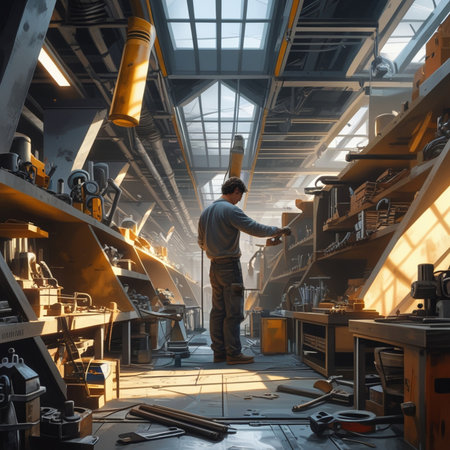 Worker in a factory. Industrial background. 3d rendering.の素材