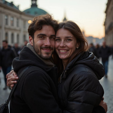 Portrait of young couple in love on the streets of Prague, Czech Republicの素材