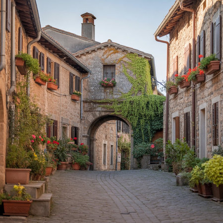 Narrow street in the medieval village of Perouges, Franceの素材
