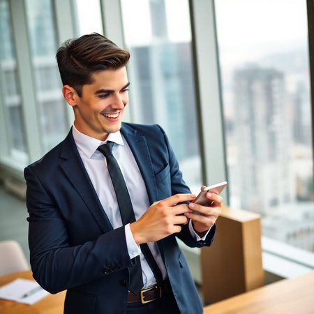 Portrait of a smiling young businessman using his mobile phone in officeの素材