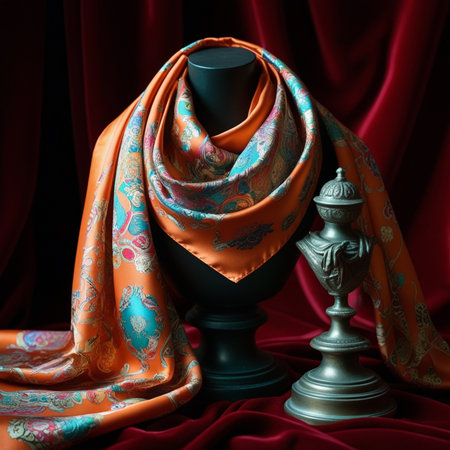Warm silk scarf and a mannequin on a dark backgroundの素材
