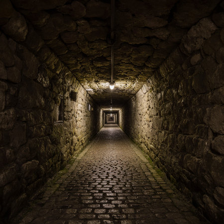 Old stone tunnel with light at the end. 3d rendering.の素材