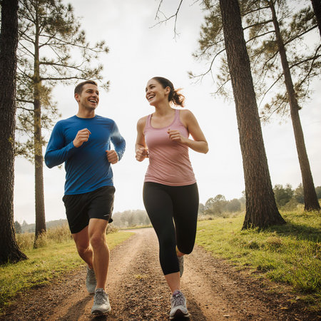 Young couple jogging in forest. Healthy lifestyle and fitness concept.の素材