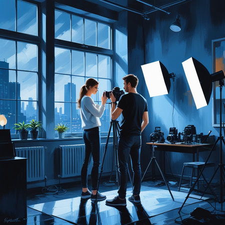 Young professional photographer and his female colleague in photo studio. Photoshoot conceptの素材