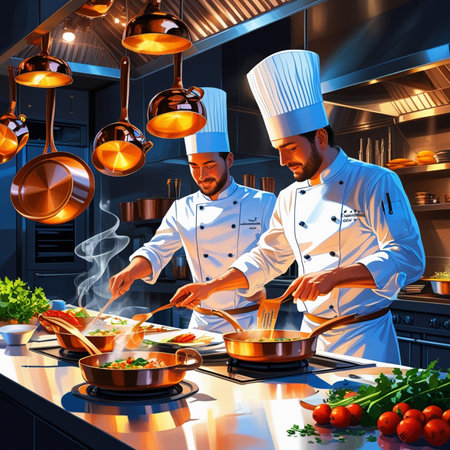 Chef cooking in the kitchen at night. 3D rendering.の素材