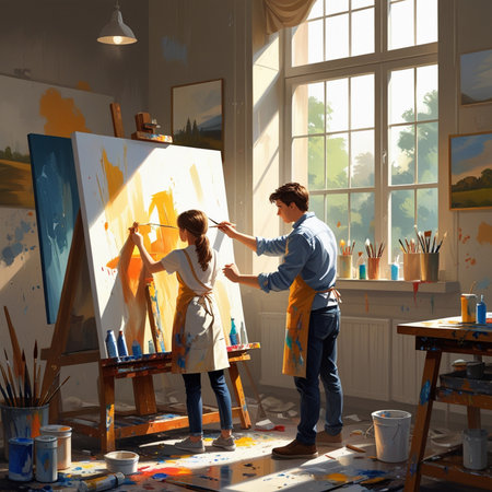 Painter and artist at work. Young couple painting on canvas in art studio.の素材