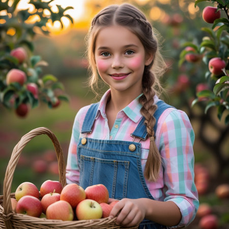 Cute little girl with basket of ripe apples in apple orchardの素材