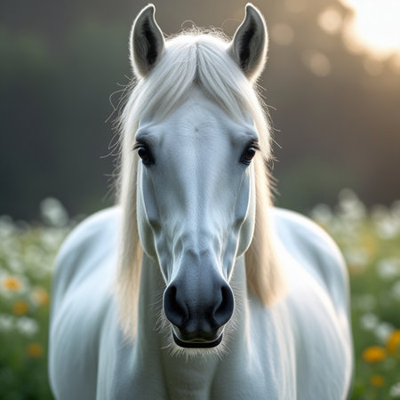 Portrait of a beautiful white horse in the meadow at sunsetの素材