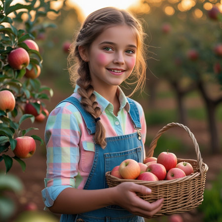 Cute little girl picking apples in orchard on warm autumn dayの素材