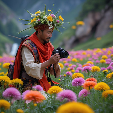 Man with a flower wreath on his head and a camera in a flower fieldの素材