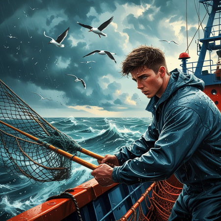 Fisherman on a fishing boat in stormy sea. Collage.の素材