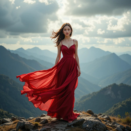Beautiful young woman in long red dress on the top of the mountainの素材
