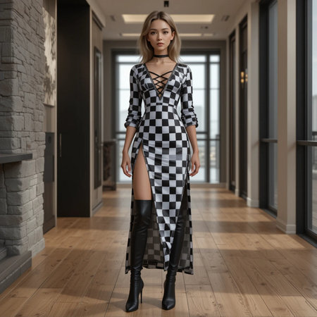 Beautiful sexy young woman with long blond hair and bright makeup wearing black and white checkered dress posing in the interior of the roomの素材