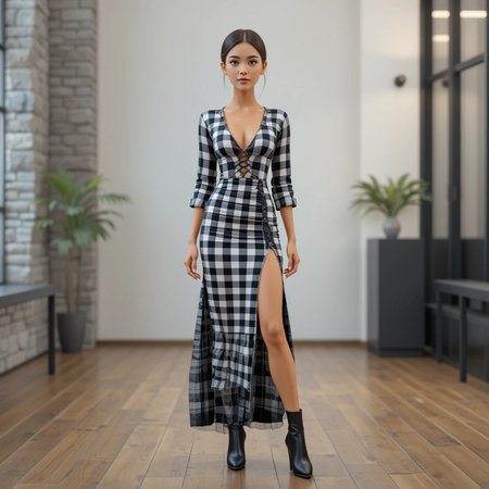Fashionable woman in checkered dress posing in modern interiorの素材
