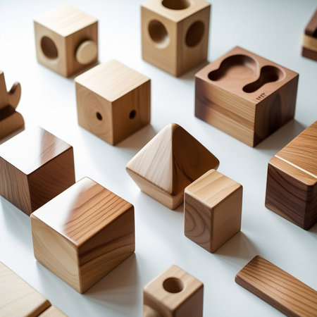Wooden toy blocks on a white background. Close-up.の素材