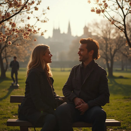 Romantic couple sitting on a bench in a park and looking at each otherの素材